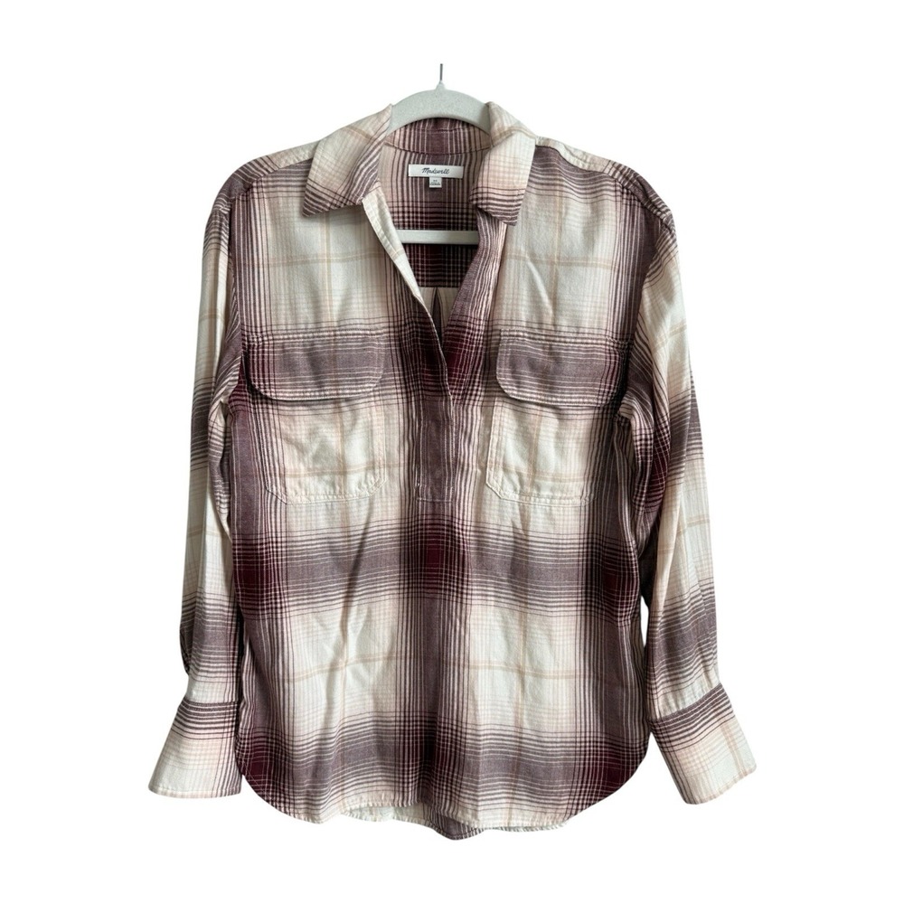 Madewell‎ Plaid Popover Shirt Flannel Blouse Cabernet Pink Grey's Anatomy XS